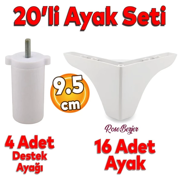 20'li Set Rose Berjer Mobilya Koltuk Kanepe Tv Ünitesi Yükseltme Destek Ayağı 9.5 cm Beyaz Ayakları ürün görseli 1