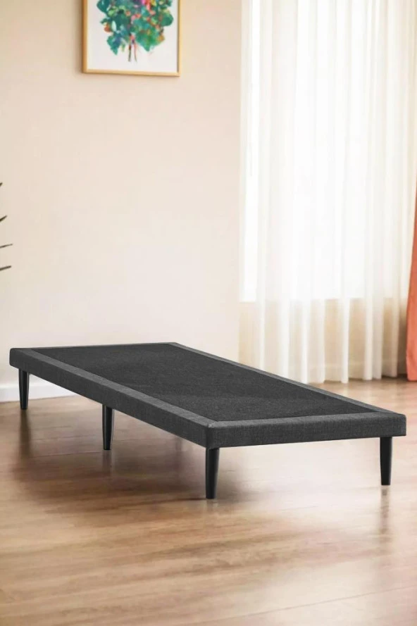 Niron Slim Karyola 80x180 Tek Kişilik Baza, Metal İskeletli Yüksek Ayaklı Koyu Gri Keten Kumaşlı ürün görseli 1