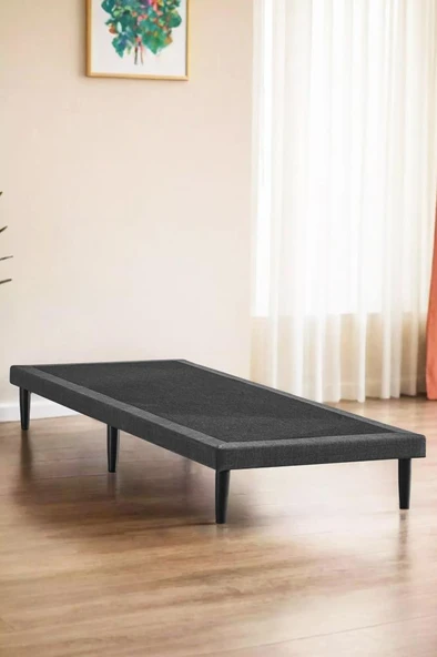 Niron Slim Karyola 90x200 Tek Kişilik Baza, Metal İskeletli Yüksek Ayaklı Koyu Gri Keten Kumaşlı ürün görseli 1