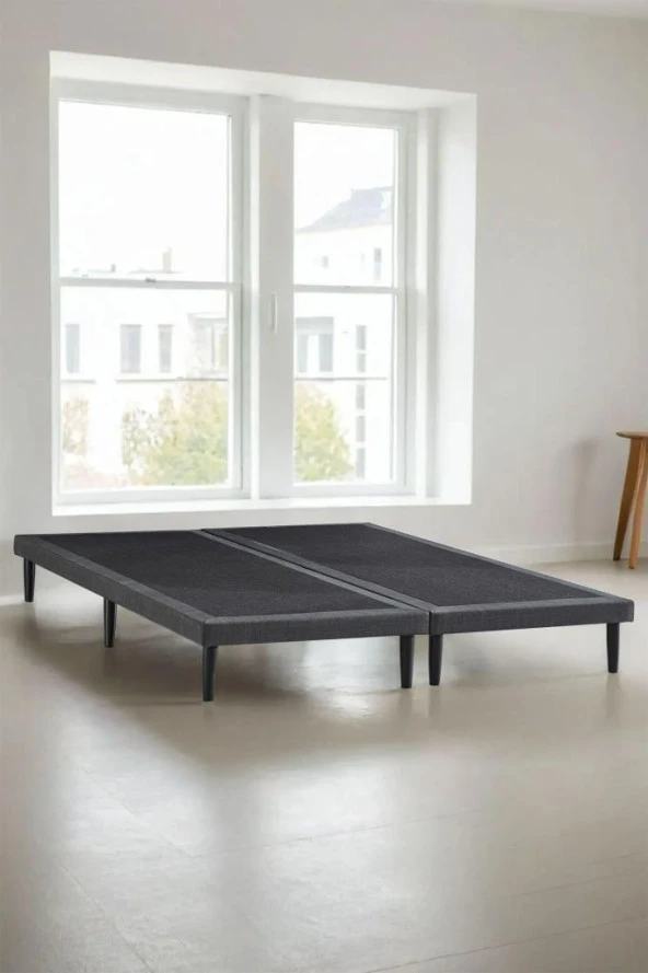 Niron Slim Karyola 200x200 Çift Kişilik Baza, Metal İskeletli Yüksek Ayaklı Koyu Gri Keten Kumaşlı ürün görseli 1