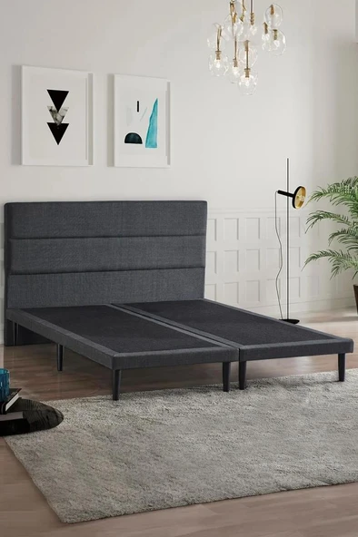 Niron Slim Baza ve Başlık Takımı 180x200 Çift Kişilik Gri Kumaş Kaplı Metal Karyola ve Başlık Seti ürün görseli 1