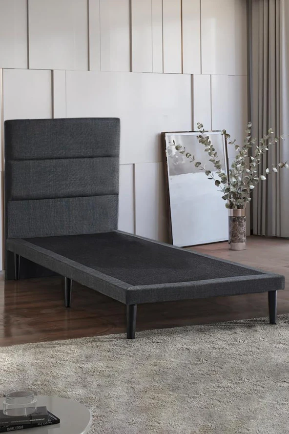 Niron Slim Baza ve Başlık Takımı 100x200 Tek Kişilik Gri Kumaş Kaplı Metal Karyola ve Başlık Seti ürün görseli 1