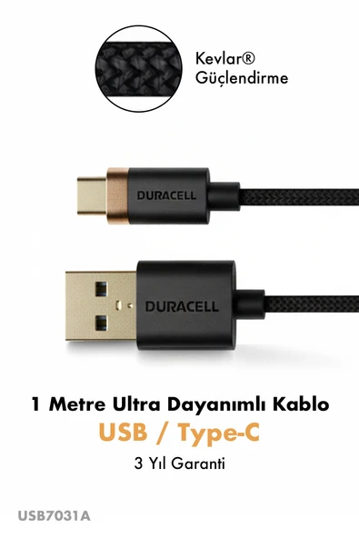 Duracell USB-C to USB-A Hızlı Şarj Kablosu 1 metre Kevlar Örgülü Dayanıklı Type-C 3.2 Gen1 - Siyah ürün görseli 1