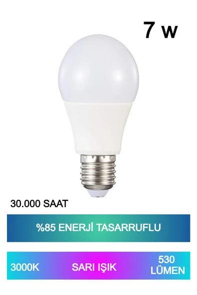 Sarı Işık LED Ampul – 7W E27 Duy, %85 Enerji Tasarruflu, 220° Açılı, 30.000 Saat Kullanım Ömürlü ürün görseli 1