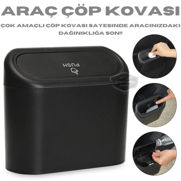 Araç İçi Çöp Kovası Kapaklı Portatif Taşınabilir Küllük Araba Çöp Kutusu Oto Organizer Fonksiyonel Mini Depolama Saklama Kutusu Düzenleyici Siyah ürün görseli 1