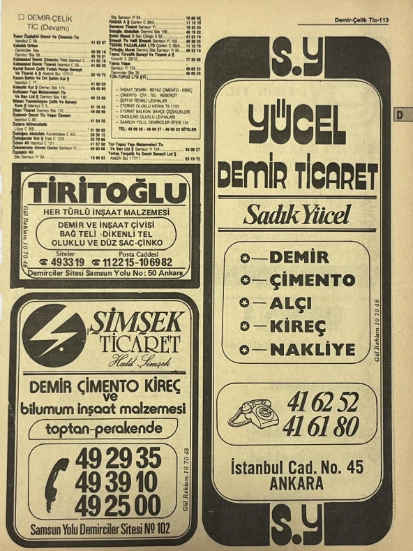 Ankara 1986 Meslek Reklam İlanı Efemera S113 ürün görseli 1
