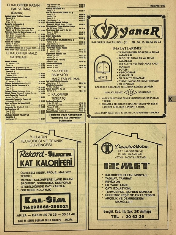 Ankara 1986 Meslek Reklam İlanı Efemera S217 ürün görseli 1