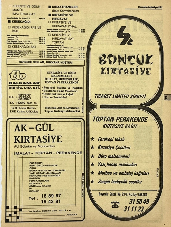 Ankara 1986 Meslek Reklam İlanı Efemera S231 ürün görseli 1