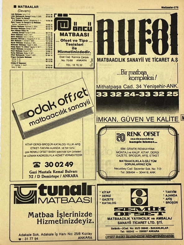 Ankara 1986 Meslek Reklam İlanı Efemera S275 ürün görseli 1