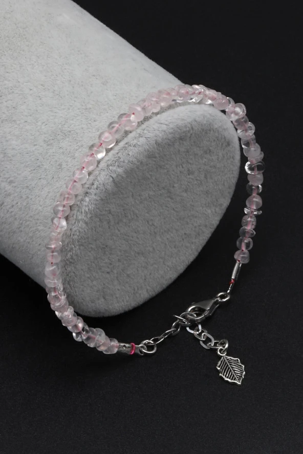 Pembe Kuvars Doğal Taş 925 Ayar Gümüş Bileklik ürün görseli 1