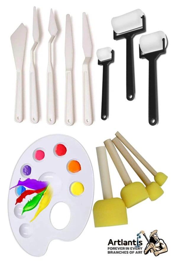 Palet Rulo Fırça Ponpon Fırça ve Plastik Spatula 4'lü Set 1 Paket Resim Hobi Sanat Etkinlik Resim Paleti ürün görseli 1
