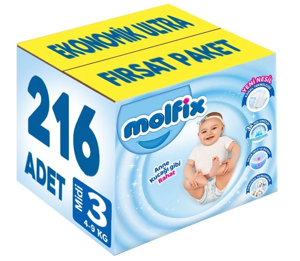 Molfix Bebek Bezi 3 Beden 4-9 KG Midi 216 Adet Ekonomik Ultra Fırsat Pk ürün görseli 1