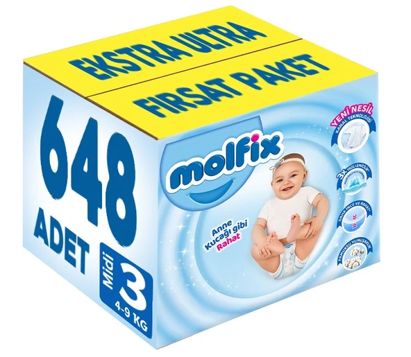 Molfix Bebek Bezi 3 Beden 4-9 KG Midi 648 Adet Ekstra Ultra Fırsat Pk ürün görseli 1