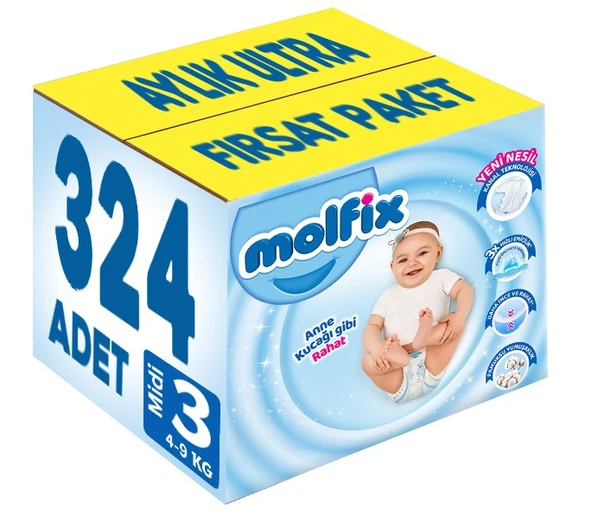 Molfix Bebek Bezi 3 Beden 4-9 KG Midi 324 Adet Aylık Ultra Fırsat Pk ürün görseli 1