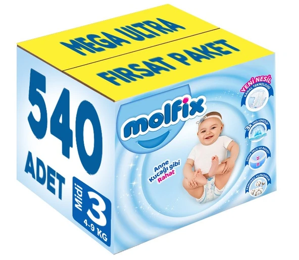 Molfix Bebek Bezi 3 Beden 4-9 KG Midi 540 Adet MeGa Ultra Fırsat Pk ürün görseli 1