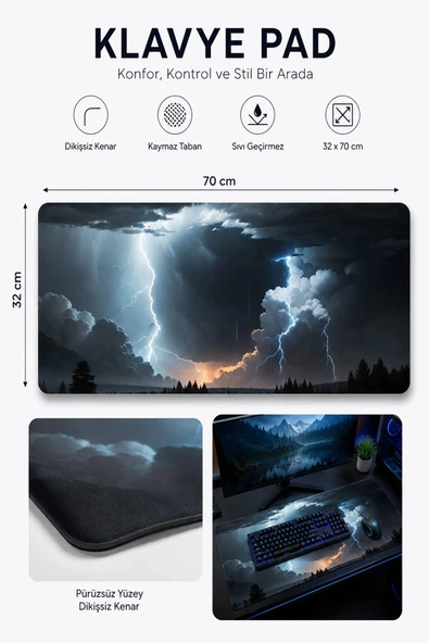 SonicTouch Ay Yıldızlı Fırtına Kaymaz Taban Pürüzsüz Yüzey Dikişsiz Gamer Klavye Mouse Pad 32x70cm ürün görseli 1