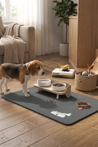 MAtGo Pati Evcil Hayvan Beslenme Matı Kemik Figürlü Su Geçirmez Kaymaz Gri Kedi Köpek Mama Paspası 50x70cm ürün görseli 1