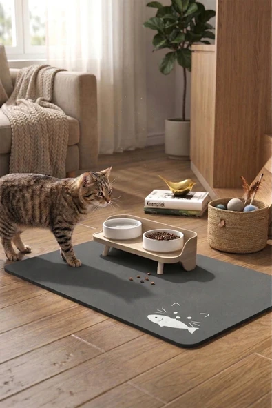 MAtGo Pati Evcil Hayvan Beslenme Matı Balık Figürlü Su Geçirmez Kaymaz Gri Kedi Köpek Mama Paspası 50x70cm ürün görseli 1