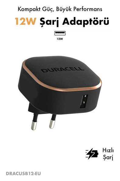 Duracell 12W USB-A Seyahat Şarj Adaptörü  / Telefon ve Tablet Hızlı Şarj Cihazı Siyah ürün görseli 1