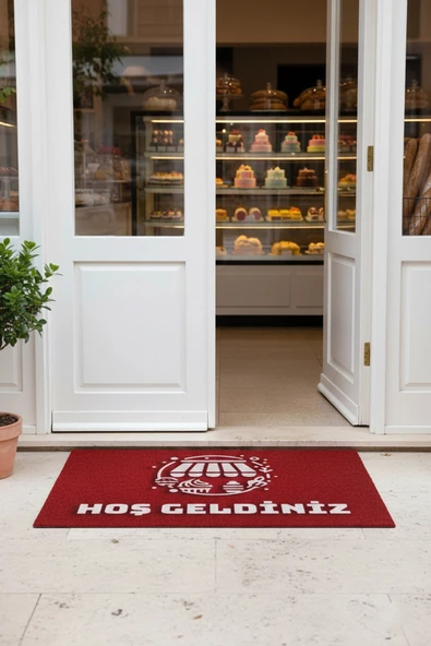 Valerine Life Pastahane Pastacı Mercan Kırmızı Hoş Geldiniz Ev Ofis İşyeri Kapı Önü Paspası 45x70cm ürün görseli 1