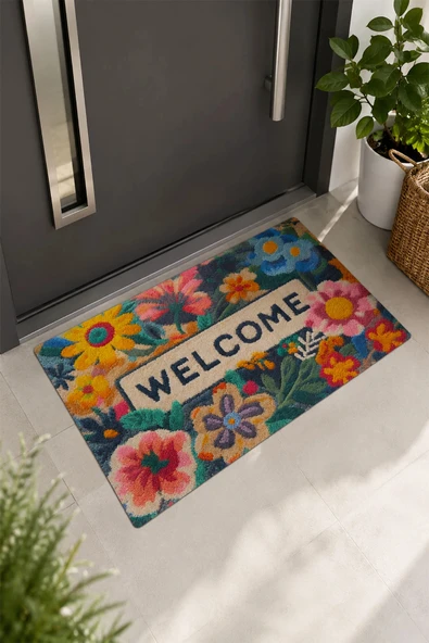 Valerine Life Çiçekli Sarı Papatyalı Welcome Hoş Geldiniz Ev işyeri iç Dış Kapı Önü Paspası 45x70cm ürün görseli 1