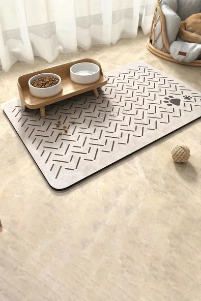 MAtGo Pati Evcil Hayvan Beslenme Matı Çizgi Patili Su Geçirmez Kaymaz Krem Kedi Köpek Mama Paspası 50x70cm ürün görseli 1