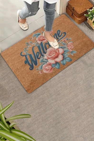 Valerine Life Sarmaşık Pembe Güller Welcome Kapı Önü Paspası 45x70cm ürün görseli 1