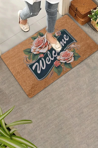 Valerine Life Pembe Gonca Gül Welcome Kapı Önü Paspası 45x70cm ürün görseli 1