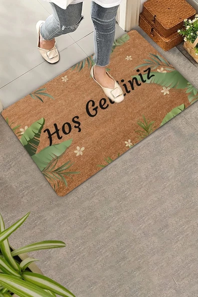 Valerine Life Tropikal Yaprağı ve Beyaz Hatmi Çiçeği Hoş Geldiniz Kapı Önü Paspası 45x70cm ürün görseli 1