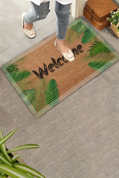 Valerine Life Beyaz Çerçeveli Palmiye Yaprakları Welcome Kapı Önü Paspası 45x70cm ürün görseli 1