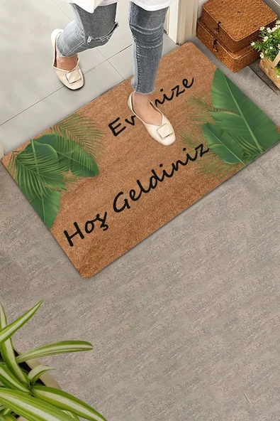 Valerine Life Tropikal Palmiye Yaprağı Evimize Hoş Geldiniz Kapı Önü Paspası 45x70cm ürün görseli 1
