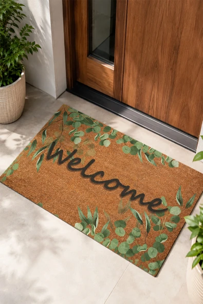 Valerine Life Okaliptüs Yaprakları Welcome Ev işyeri iç Dış Kapı Önü Paspası 45x70cm ürün görseli 1