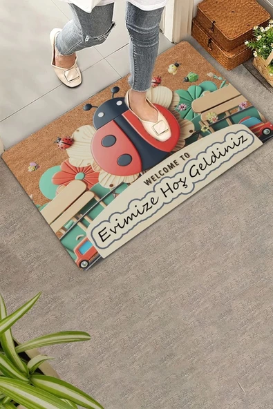 Valerine Life Uğur Böceği ve Kırmızı Vosvos Evimize Hoş Geldiniz Kapı Önü Paspası 45x70cm ürün görseli 1