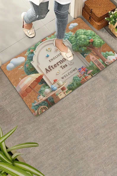Valerine Life İngiliz Beş Çayı Temalı Welcome Kapı Önü Paspası 45x70cm ürün görseli 1