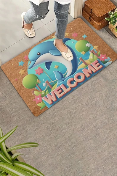 Valerine Life Sevimli Yunus Balığı ve Yıldızlı Welcome Kapı Önü Paspası 45x70cm ürün görseli 1