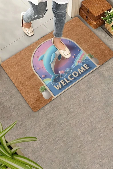 Valerine Life Akvaryum Yunus Temalı Mavi Welcome Kapı Önü Paspası 45x70cm ürün görseli 1