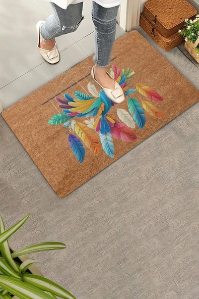 Valerine Life Nakış Desenli Kuş ve Renkli Tüyler Welcome Kapı Önü Paspası 45x70cm ürün görseli 1