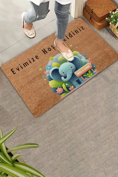 Valerine Life Şirin Fil ve Orman Temalı Evimize Hoş Geldiniz Kapı Önü Paspası 45x70cm ürün görseli 1