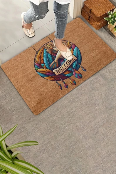 Valerine Life Tüy ve Kuş Çemberi Oyma Yazılı Welcome Kapı Önü Paspası 45x70cm ürün görseli 1