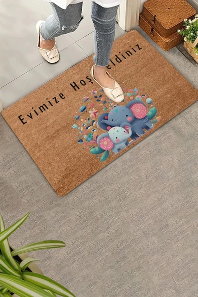 Valerine Life Sevimli Yavru Filler ve Çiçekler Evimize Hoş Geldiniz Kapı Önü Paspası 45x70cm ürün görseli 1