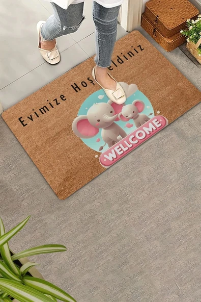 Valerine Life Sevimli Pembe Yavru Filler Evimize Hoş Geldiniz Kapı Önü Paspası 45x70cm ürün görseli 1