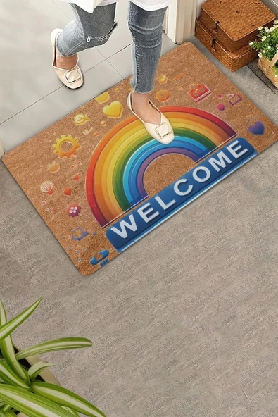 Valerine Life Emojili Gökkuşağı Kaymaz Tabanlı Hoş Geldiniz Welcome Kapı Önü Paspası 45x70cm ürün görseli 1