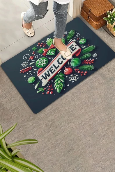 Valerine Life Noel Yılbaşı Topları ve Yeşil Yapraklar Welcome Kapı Önü Paspası 45x70cm ürün görseli 1