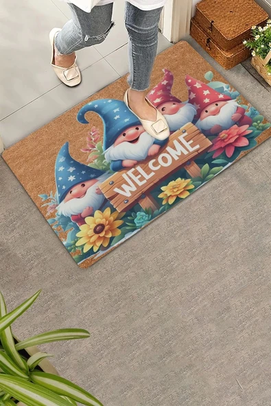 Valerine Life Çiçekler ve Cüceler Welcome Kapı Önü Paspası 45x70cm ürün görseli 1
