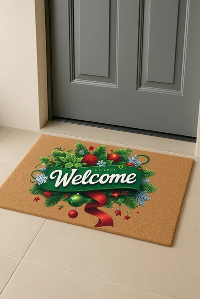 Valerine Life Yılbaşı Kapı Süsü Temalı Welcome Kapı Önü Paspası 45x70cm ürün görseli 1
