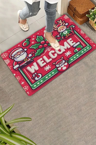 Valerine Life Noel Baba ve Çınar Yaprağı Welcome Ev işyeri iç Dış Kapı Önü Paspası 45x70cm ürün görseli 1