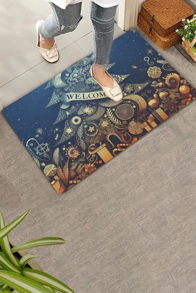 Valerine Life Yılbaşı Noel Çam Ağacı ve Hediyeler Welcome Kapı Önü Paspası 45x70cm ürün görseli 1