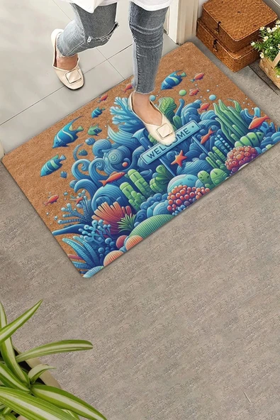 Valerine Life Deniz ve Balık Temalı Welcome Kapı Önü Paspası 45x70cm ürün görseli 1