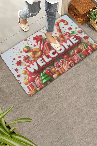 Valerine Life Yılbaşı Baston ve Yuvarlak Şekerler Welcome Kapı Önü Paspası 45x70cm ürün görseli 1