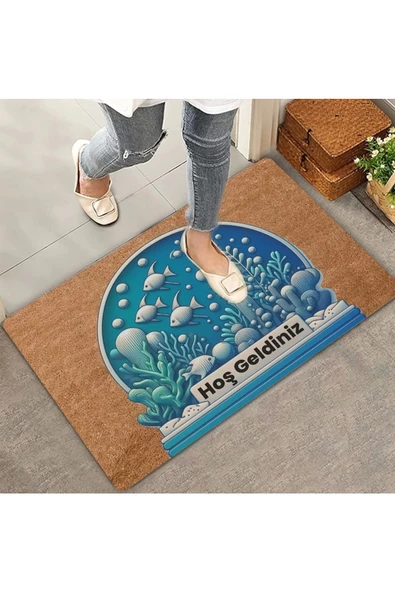 Valerine Life Balıklar ve Deniz Çayırları Hoş Geldiniz Kapı Önü Paspası 45x70cm ürün görseli 1